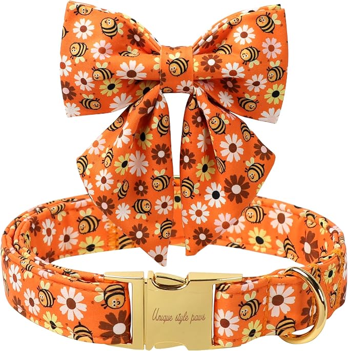 Unique style paws Cartoon Dog Collar with Bowtie Autumn Halloween Puppy Collar with Bee Daisy for Small Medium Large Boys Girls Dogs