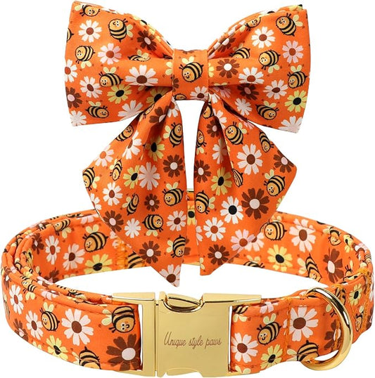 Unique style paws Cartoon Dog Collar with Bowtie Autumn Halloween Puppy Collar with Bee Daisy for Small Medium Large Boys Girls Dogs