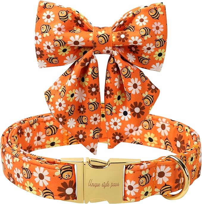 Unique style paws Cartoon Dog Collar with Bowtie Autumn Halloween Puppy Collar with Bee Daisy for Small Medium Large Boys Girls Dogs