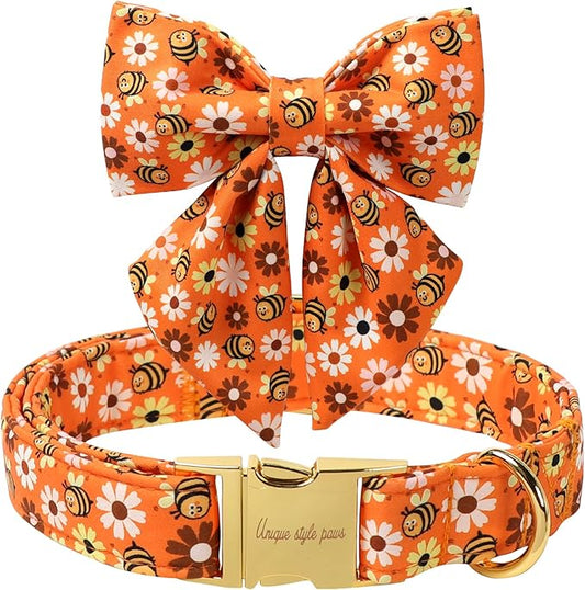 Unique style paws Cartoon Dog Collar with Bowtie Autumn Halloween Puppy Collar with Bee Daisy for Small Medium Large Boys Girls Dogs