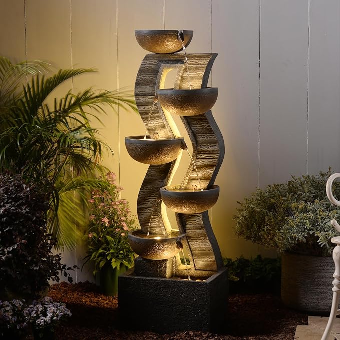Bumilgar 52.8 Tall Garden Water Fountain Outdoor for Garden, Patio, Backyard, Deck, Porch and Home Art Decor, 6 Tiers Modern Cascading Large Outdoor Fountain with Lights