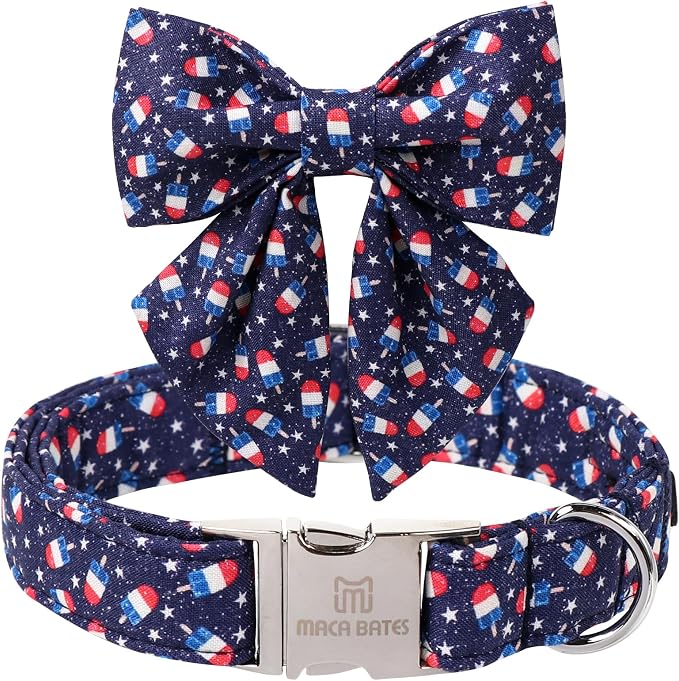 Maca Bates American Flag 4th of July Dog Collar with Sailor Bow 4 of 7 for Dogs Adjustable Durable Icecream Patriotic USA Collars Summer Independence Day for Small Medium Large XL Boy Girl Puppy