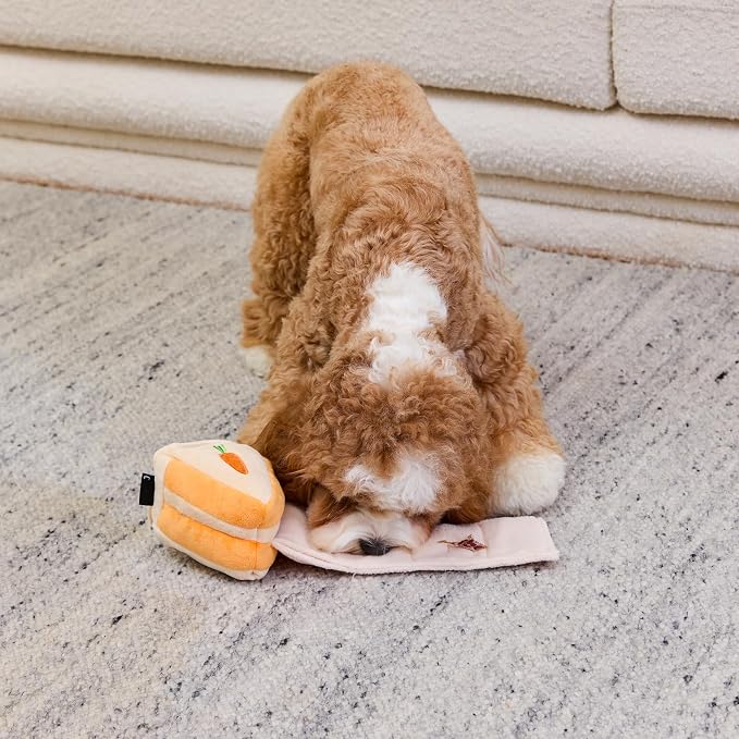 CHEWFFON Easter Dog Puzzle Snuffle Toy, Carrot Cake Treat-Hiding Enrichment Toy for Boredom Relief and Mental Stimulation, Squeaky Cake Gift, Interactive Play for Small and Medium Dogs