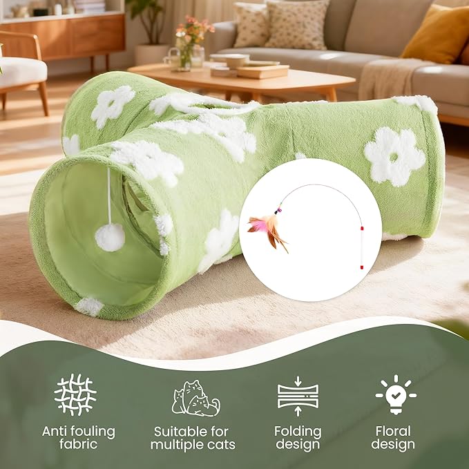 Tempcore Flannel Cat Tunnel for Indoor Cats, 3 Way Collapsible Pet Play Tunnel with Teaser Wand, Peek Holes & Hanging Ball, Interactive Tube for Kittens & Rabbits, Daisy Green