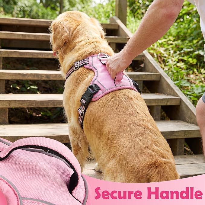 Funfox Dog Harness No Pull, Adjustable Pet Vest Harness, Super Soft Material with Vertical Handle Easy Control, Reflective Night Walking, 2 Leash Clips for Large Dogs, Pink, L