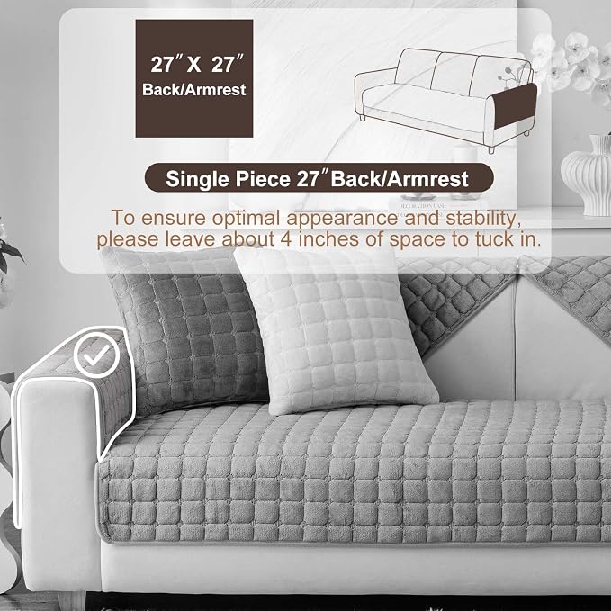 Velvet Washable Couch Cover for Pets Dogs, Non Slip Sectional Sofa Covers for 3 Cushion Couch Sofa L Sharped Sofa Arm Slipcover, Furniture Protector Covers(1 PCS 27"x27" Dark Grey)