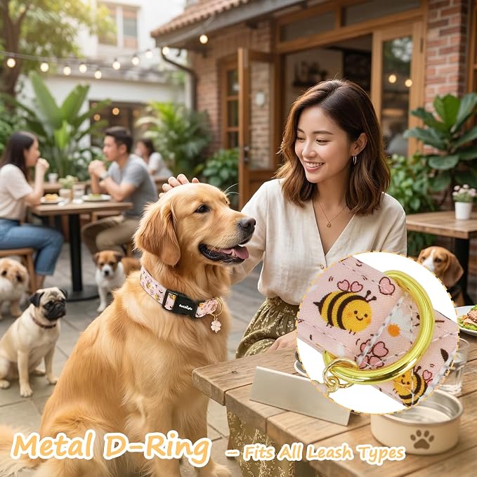 Dog Collar for Spring Summer, Pink Dog Collars with Bee & Flowers, Adjustable Cotton Puppy Dog Collars, Cute Girl or Boy Dog Collar Ideal for Small Medium Large Dogs,Pet Accessory,M