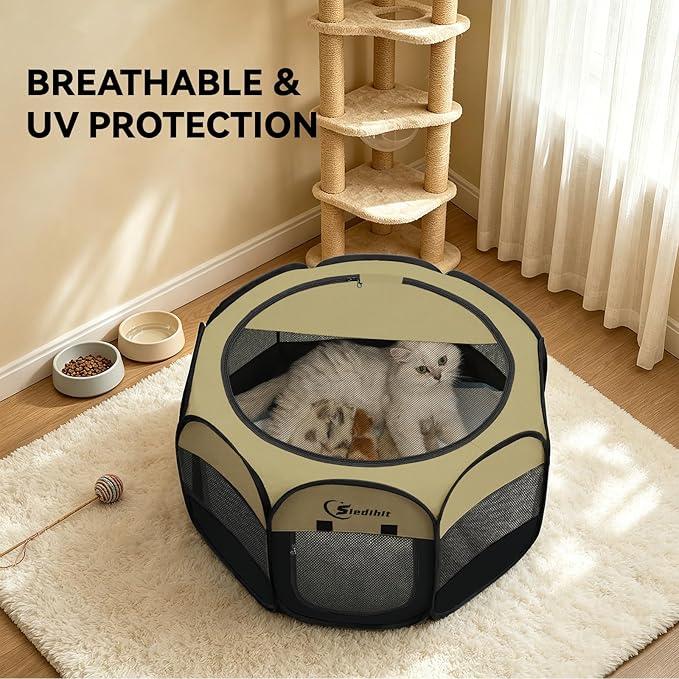 Pink Puppy Playpen for Middle Dog Cat, Dogs Tent Crate Cage Indoor/Outdoor, Portable Pop Up Dog Kennel with Carrying Bag for Rabbits, Removable Top (Black Khaki, Small)