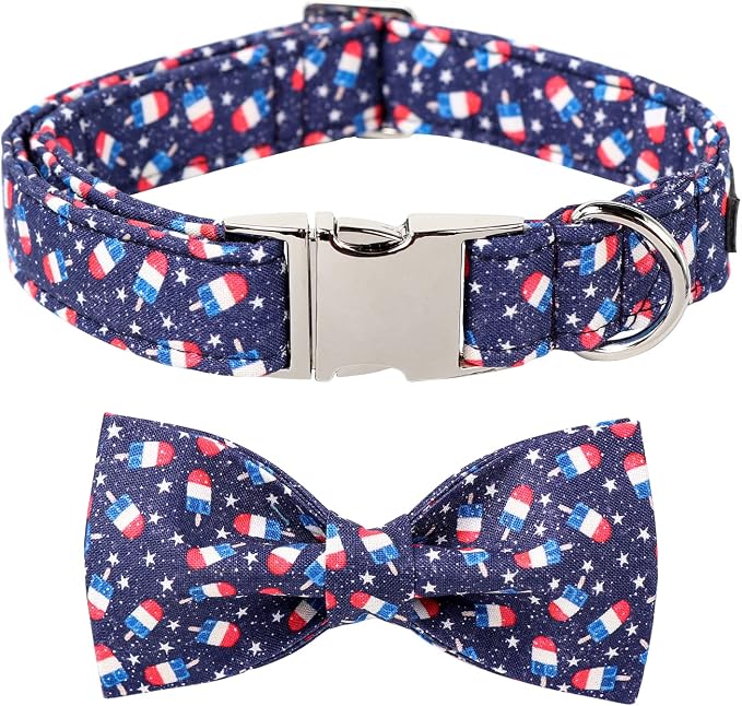 Maca Bates American Flag 4th of July Dog Collar with Bow Tie for Dogs Bowtie 4 of 7 Summer Blue Adjustable Durable Patriotic Collars USA Independence Day Gift for Small Medium Large XL Boy Girl Puppy