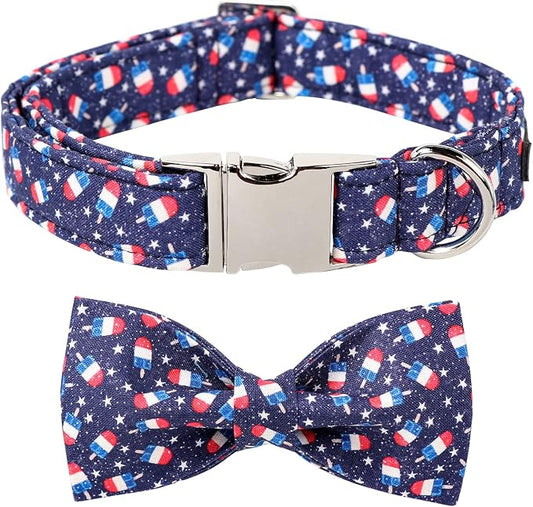 Maca Bates American Flag 4th of July Dog Collar with Bow Tie for Dogs Bowtie 4 of 7 Summer Blue Adjustable Durable Patriotic Collars USA Independence Day Gift for Small Medium Large XL Boy Girl Puppy