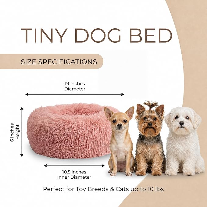 Extra Small Dog Bed 19 Inch,Calming Donut Puppy Bed,Ultra Soft Faux Fur Round Dog Bed for Chihuahua Yorkie Maltese Pomeranian,Pink