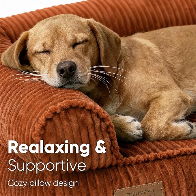 FUKUMARU Dog Couch Bed, Corduroy Cozy Cat Bed for Indoor Cats with Washable Cover, 28in Waterproof Orthopedic Dog Beds Sofa for Small Dogs and Large Cats, Cute Warm Cotton Pet Sofa, Orange