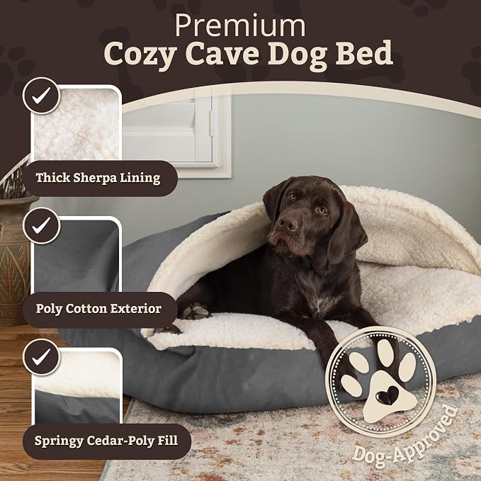 Snoozer Rectangle Cozy Cave Dog Bed - Indoor Dog Bed with Cover Cave, Covered Calming Burrow for Small Sized Pets with Blanket Attached, Enclosed, Washable Cover - Small, Heather Gray