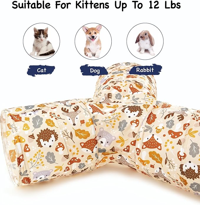 Tempcore Cat Tunnel for Indoor Cats, 3 Way Collapsible Pet Play Tunnel with Teaser Wand, Peek Holes & Hanging Ball, Interactive Tube for Kittens & Rabbits, Beige Deer