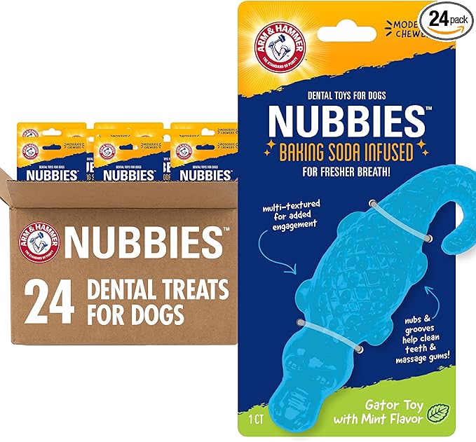Arm & Hammer Nubbies Gator Dental Chew Toy for Dogs, Mint Flavor, Baking Soda Infused, Scrubbing Grooves to Reduce Plaque and Tartar, No Stuffing, for Moderate Chewers - 24 Pack