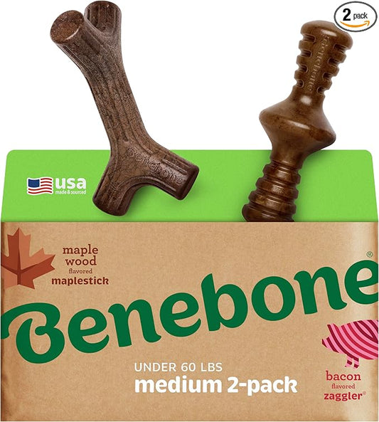 Benebone 2-Pack Maplestick/Zaggler Durable Dog Chew Toys, Real Maplewood, Real Bacon, Made in USA Medium