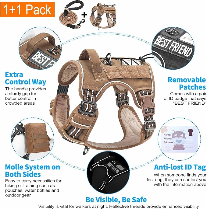 Beebiepet Heavy Duty Tactical Dog Harness for Small Dogs, No Pull Adjustable Pet Harness Reflective Service Training Easy Control Pet Vest Military K9 Working Dog Harnesses-X- Large, Brown