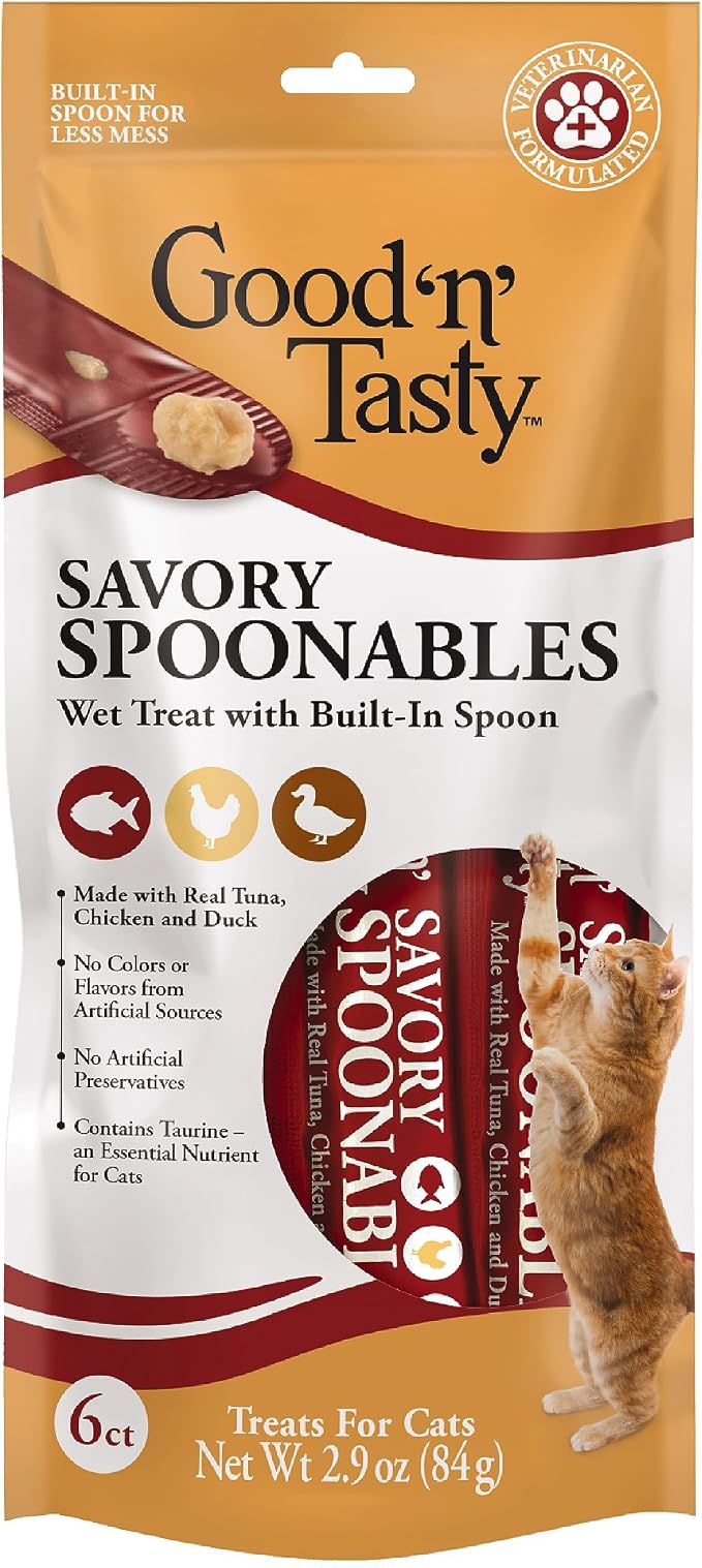 Good 'N' Tasty Savory Spoonables with Real Tuna, Chicken & Duck, 6 Count Tube, Triple Flavor Squeezable Lickable Wet Treats for Cats with Built-in Spoon for Less Mess