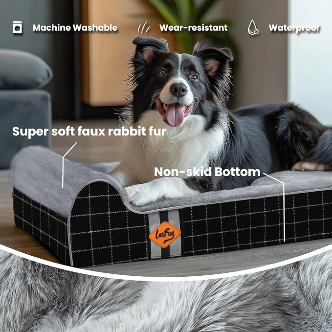 Laifug Orthopedic Dog Beds for Large Dogs,4.5" Memory Foam Dog Beds,Durable Water Proof Liner Removable and Washable, Nonskid Bottom, Black Grid Gray 46"x28"x4.5"