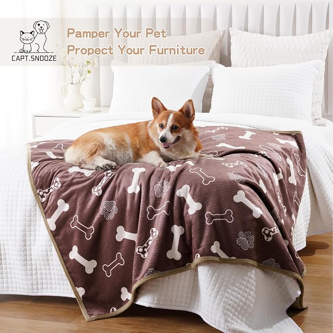 Waterproof Dog Blankets Pet Blanket 60"x80", Soft Fluffy Sofa Car Bed Protector, Reversible Sherpa Fleece Dog Blanket for Large Dogs(Chocolate Brown-Bones)