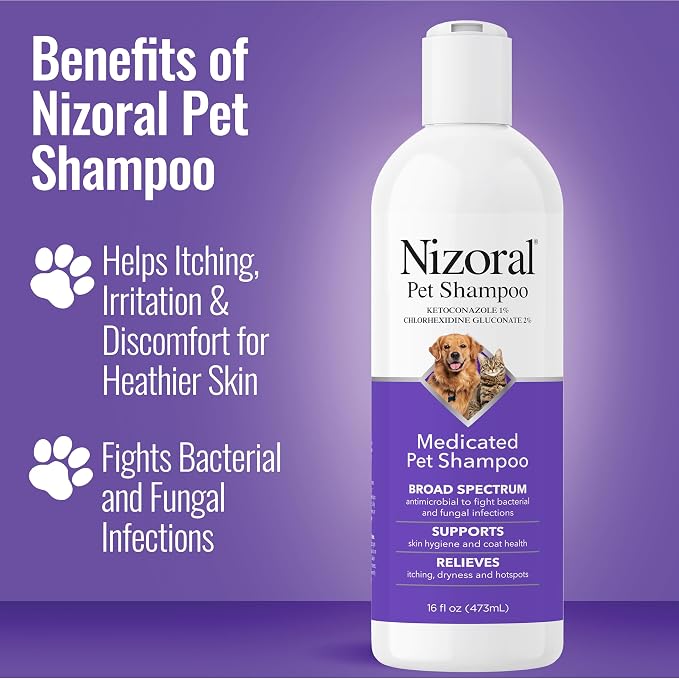 Nizoral Ketoconazole Pet Shampoo for Dogs and Cats, 16 Oz, 1% Ketoconazole, 2% Chlorhexidine Gluconate, Antifungal, Antimicrobial Support, Skin Health, Odor Control, Dog Itching Skin Relief Shampoo