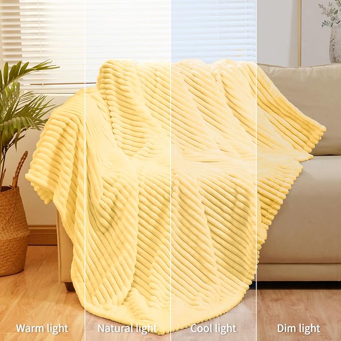 Bnuitland Light Yellow Flannel Throw (50X71 inches) with Pillow Cover(18×18"),300GSM Super Soft Fleece Stripe Pattern Sofa Blanket, Lightweight Cozy Bed Throw for Home Decor All Season