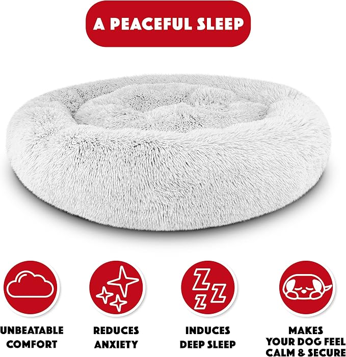 The Dog’s Bed Calming Donut Dog Bed, Plush Faux Fur Round Cuddler Nest – CertiPUR-Certified Foam, One-Piece Design, Raised Bolster – Large (36"), Ice White