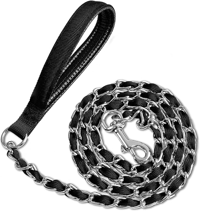 Heavy Duty Metal Dog Chain Leash with Comfortable PU Leather Padded Handle, Chew Proof for Medium Large Pooch Walking Training (6FT 3.5mm Black)