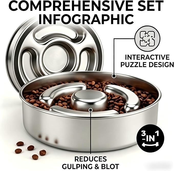 AIPERRO Slow Feeder Dog Bowl Stainless Steel, 2 Cups Metal Non-Slip Dog Food Bowls, Dogs Water Bowl for Small & Medium Sized Dogs, Fun Bloat Stop Pet Bowl for Fast Eaters, Slows Down Pets Eating