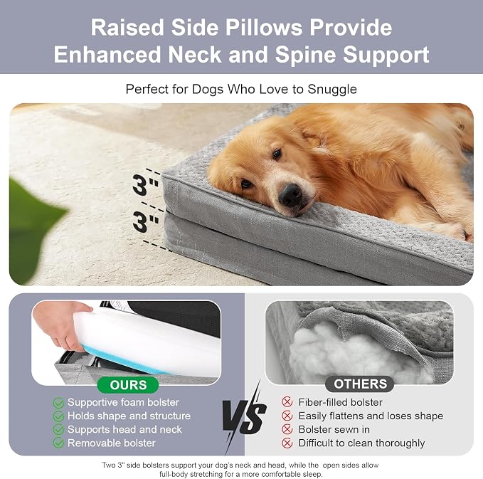 Rainmr Orthopedic Dog Beds for Large Dogs, Memory Foam Dog Beds Large Sized Dogs, Washable Removable Cover, Nonskid Bottom, Waterproof, for Indoor, Outdoor, Crate ＆ Car Use, 44x32x6 Inches, Light Grey