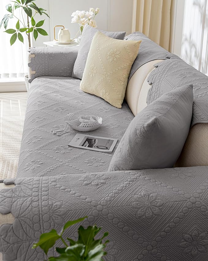 Cotton Quilted Dog Couch Cover for Sofa Farmhouse Rustic Embroidery Sectional Couch Cover Soft Anti-Slip Sofa Slipcover Furniture Protector for Kids, Pets (Grey,28"x35")