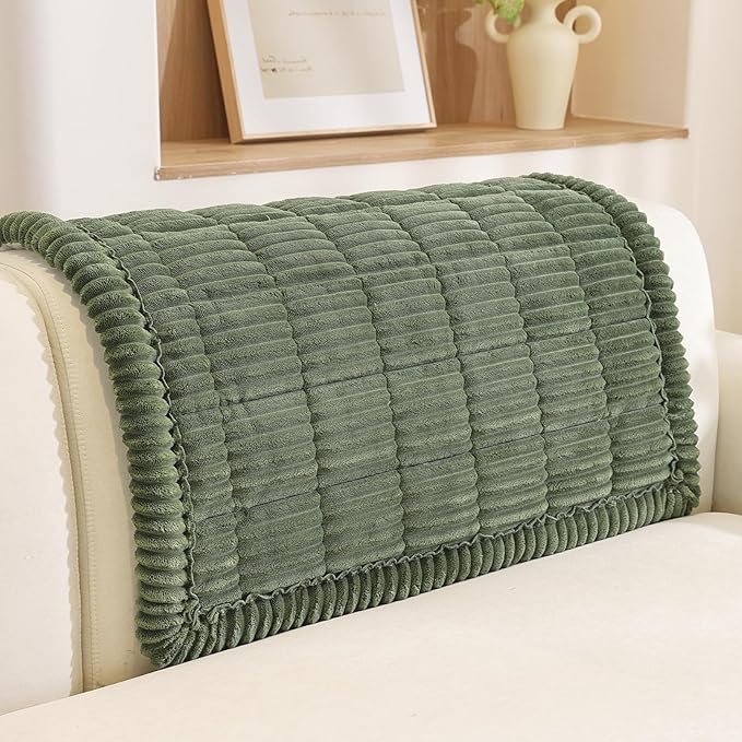 Royhom Headrest Armrest Cover, Couch Back Cover, Thick Soft Couch Arm Covers, Arm Chair Covers for Pets Recliner Loveseat Leather Cushion L Shaped Sofa (Green, 35.4 x 35.4 Inch)