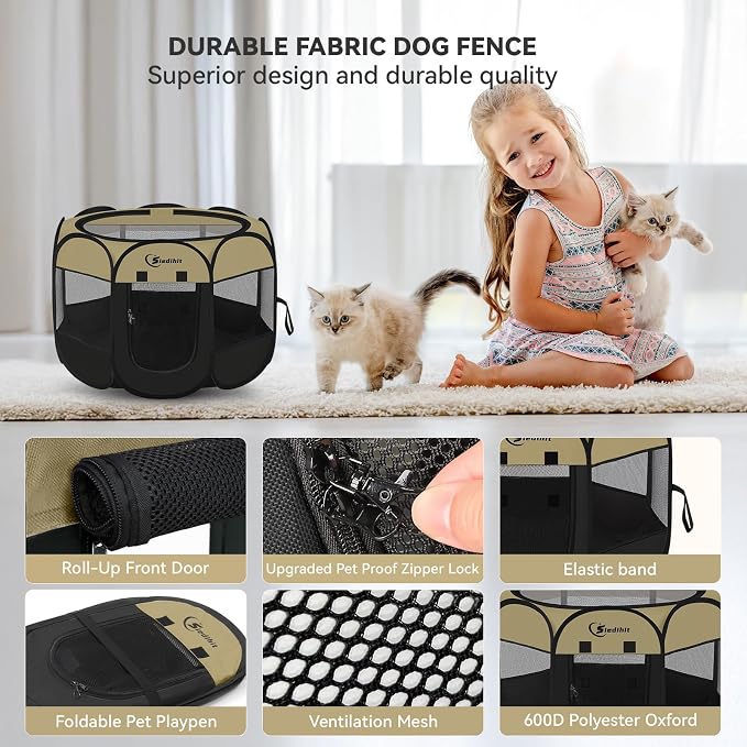 Pink Puppy Playpen for Middle Dog Cat, Dogs Tent Crate Cage Indoor/Outdoor, Portable Pop Up Dog Kennel with Carrying Bag for Rabbits, Removable Top (Black Khaki, Small)