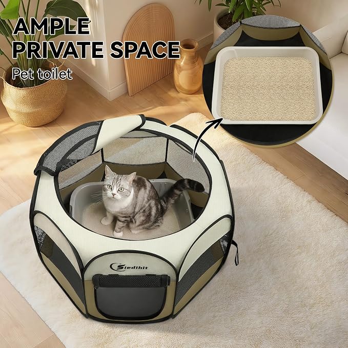 Siedihit Dog Cat Playpen, Small Puppy Pet Playpen, Dog Crate Tent Cage Indoor/Outdoor, Portable Pop Up Dogs Kennel Playpen with Carrying Case for Dogs/Cats/Rabbits(Khaki, Small)