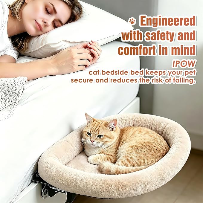 IPOW Heavy Duty Steel Frame 180°Rotating Cat Bedside Bed Semi-Circular Cat Bed for Bedside, Soft Faux Rabbit Fur Material, Suitable for Various Desktops-Maximum Hold Up to 40lb