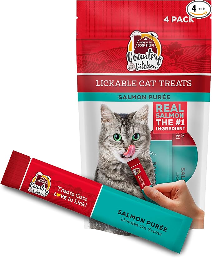 Country Kitchen Salmon Puree Lickable Cat Treats, Made with Real Salmon, 2 Oz, 4 Count