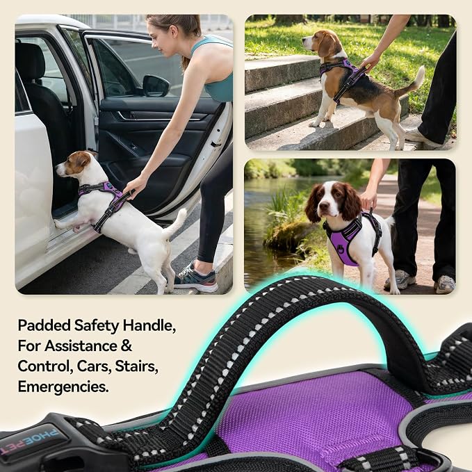 PHOEPET No Pull Dog Harnesses for Small Puppies Reflective Adjustable Front Clip Vest with 2 Metal Leash Attachment Hooks Soft Handle(XS, Purple)