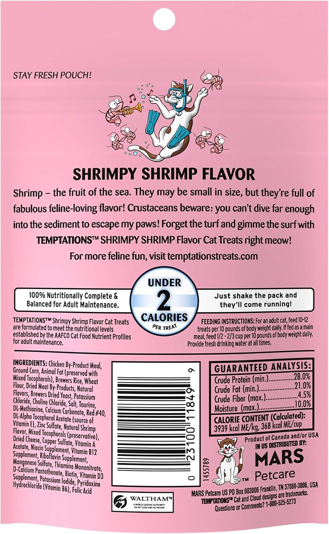 Temptations Cat Treats, Classic Crunchy and Soft Cat Treats, Shrimpy Shrimp Flavor, 3 oz. Pouch (Pack of 12)