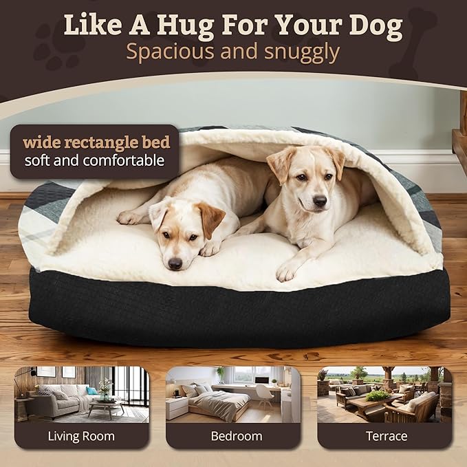 Snoozer Rectangle Cozy Cave Dog Bed - Indoor Dog Bed with Cover Cave, Covered Calming Burrow for Small & Medium Sized Pets with Blanket Attached, Enclosed, Washable Cover - Medium, BarkleyBlackDiamond