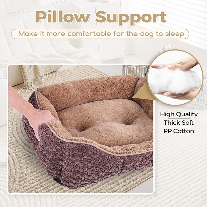 Plush Dog Bed Small, Brown, Machine Washable, Dog Beds Sofa with Pillow Support, 20x19Inch, Corn Kernel Design, Non-Slip Bottom, Thick PP Cotton Padding