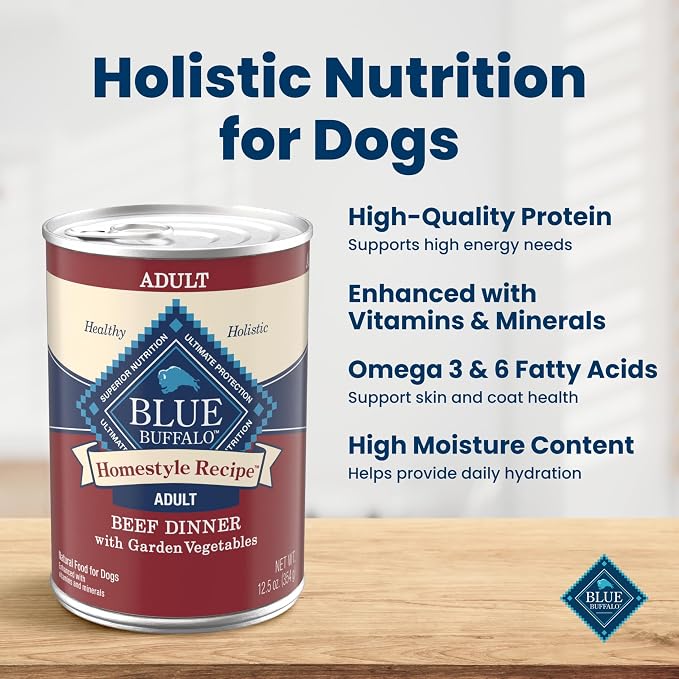 Blue Buffalo Homestyle Recipe Beef Dinner with Garden Vegetables Natural Wet Dog Food for Adult Dogs, Paté with Natural Ingredients, Vitamins & Minerals, 12.5-oz. Can (3 Count)