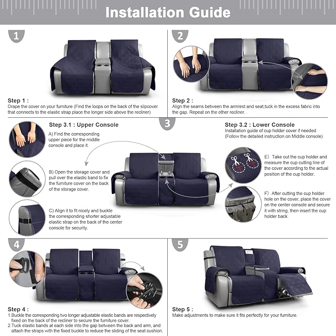 TAOCOCO Waterproof Loveseat Recliner Cover with Console, Non-Slip Reclining Loveseat with Console Cover with Pocket, Split Recliner Sofa Covers Furniture Protector for Pets Dogs(2 Seater, Navy Blue)