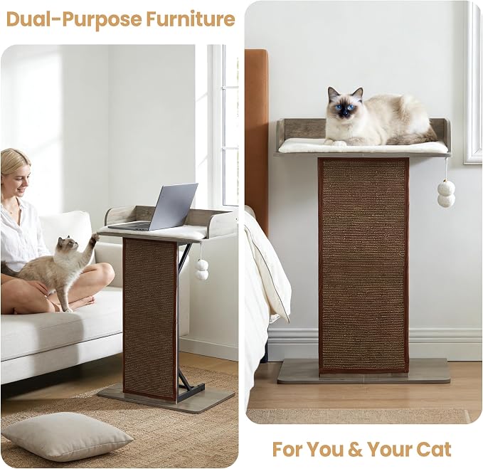 Modern Wood Cat Tree Tower for Indoor Large Cats, 33.8-Inch Tall Wooden Cat Trees with Big Perch Bed, Cat Scratching Pads, Washable Removable Cushions Scratching Mat, Cat Furniture, Greigy