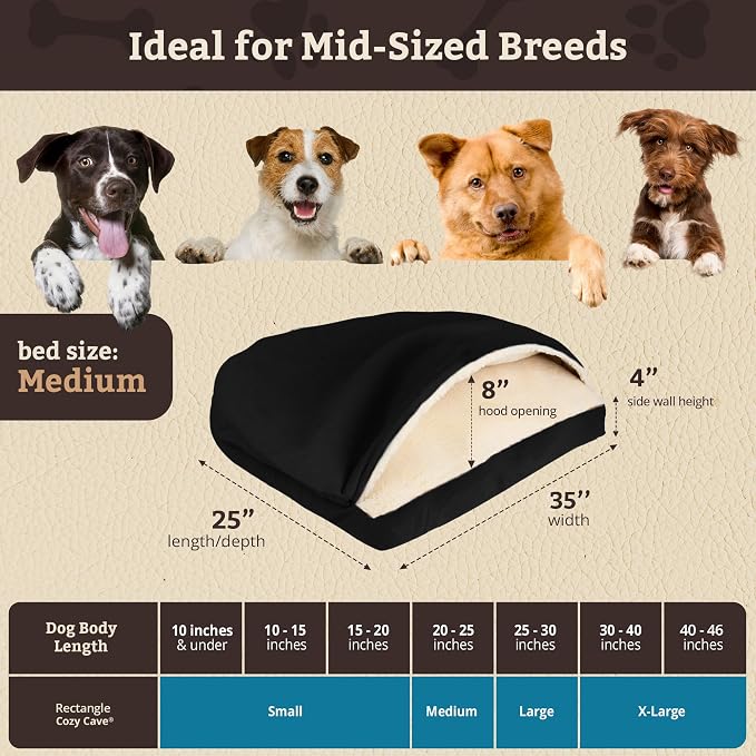 Snoozer Rectangle Cozy Cave Dog Bed - Indoor Dog Bed with Cover Cave, Covered Calming Burrow for Small & Medium Sized Pets with Blanket Attached, Enclosed, Washable Cover - Medium, Black