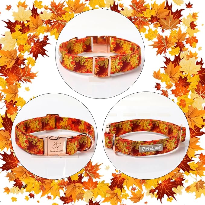 Fall Dog Collar for Large Dogs - Gold Maple Leaves Tanksgiving Puppy Collar, Adjustable Heavy Duty Fall Festivel Cotton Dog Collars with Metal Buckle L