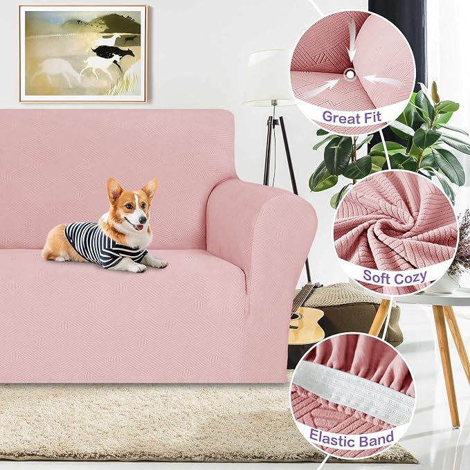 ZNSAYOTX Super Stretch Loveseat Covers (57"-70"), New Striped Love Seat Slipcover, Dogs Pet Friendly Anti-Slip Couch Protector Spandex Durable 2 Seater Fabric Sofa Cover (Rose, Loveseat)