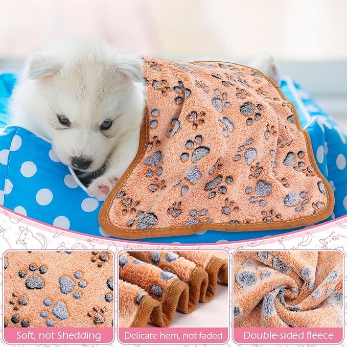 Tegeme 12 Pcs Pet Blankets 23 x 16 Inch Soft Fluffy Fleece Dog Cat Warm Paw Print Pattern Blankets Flannel Throw for Pets Dog Puppy Cat(Pink,Beige,Camel)