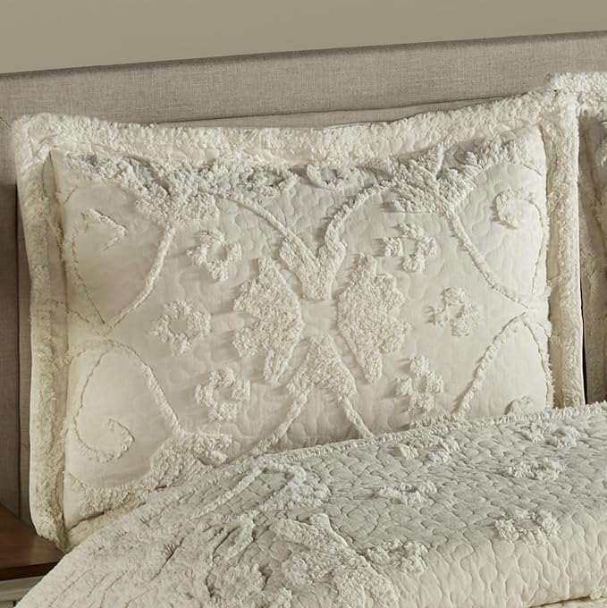 Lorenza Pure Cotton Chenille Bedding | Neutral Ecru | Soft Tufted Scrollwork, Floral, and Stripe Designs | Solid Color 3-Piece Quilted Bed Set includes Oversized California King Quilt and 2 King Shams