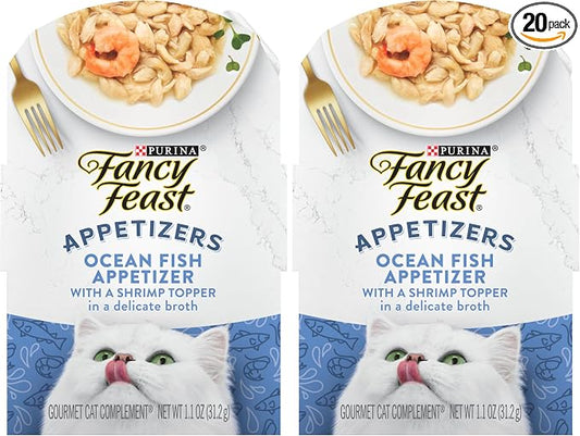 Fancy Feast Purina Lickable Appetizers Grain Free Wet Cat Food Topper Ocean Fish Appetizer with a Shrimp Cat Food Topper - 1.1 oz. Trays,(Pack of 20)