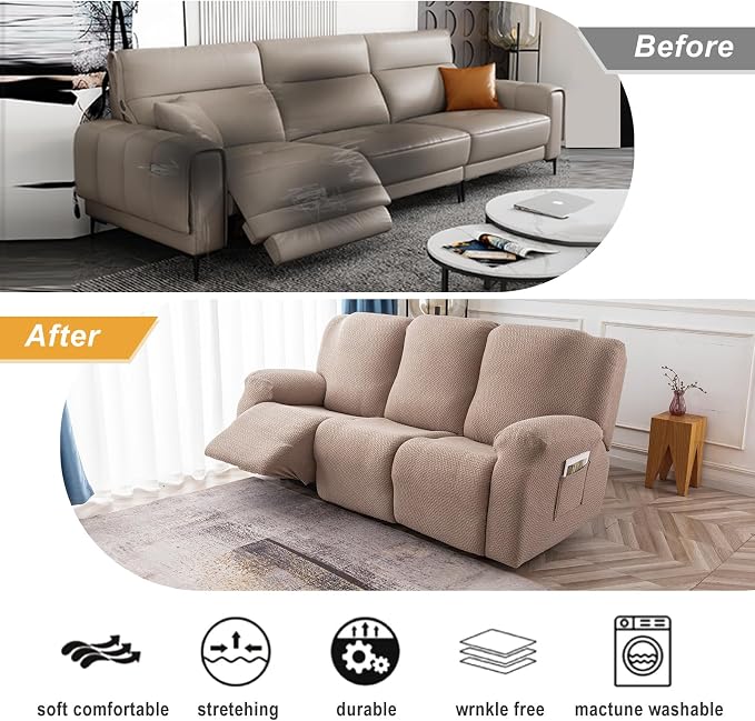 Genina Recliner Cover Stretch Couch Covers, Sofa slipcover for Reclining Couch Thick Jacquard Furniture Protector Washable (Taupe, 3 Seat)